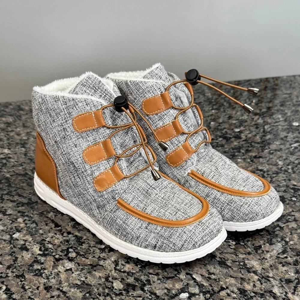 Stylish Gray and Tan High-Top lightweight faux fur fashion Sneakers NEW